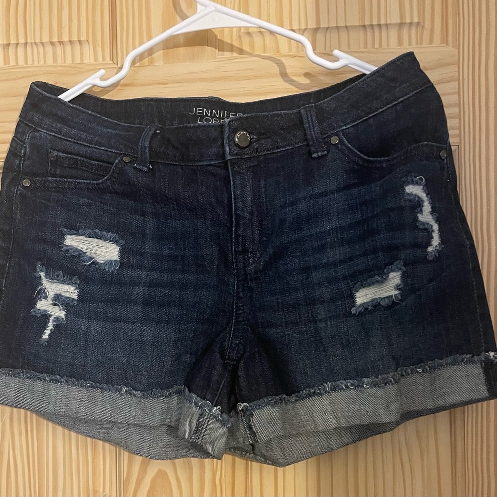 🤍💎💎Jennifer Lopez Dark Blue Distressed Jean Shorts - Picture 6 of 12